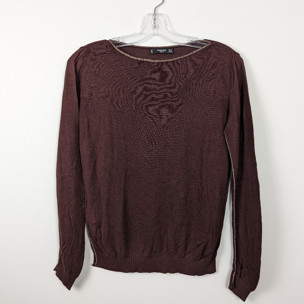 Mango Basics Textured Knit Top, Metallic Thread Detail, M - Brown